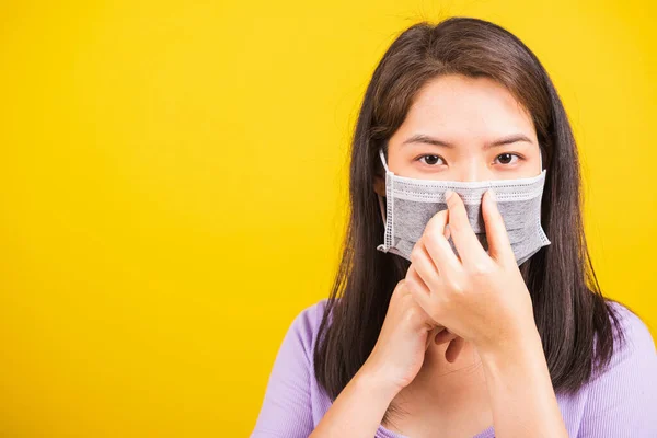 Closeup Portrait Asian Young Teen Woman Wearing Face Mask Protective — Stock Photo, Image