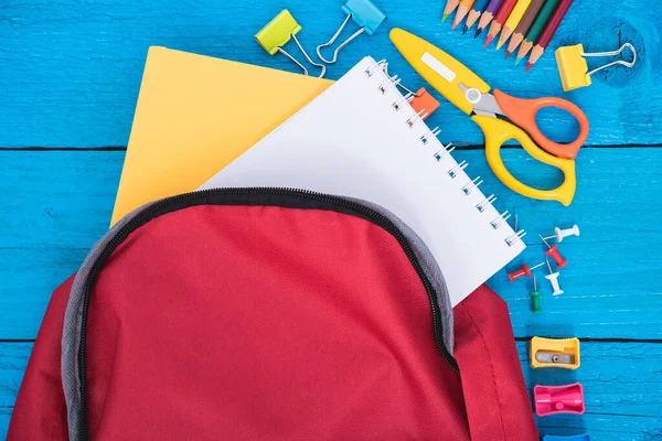 Top View Flat Lay Red School Bag Backpack Accessories Tools — Φωτογραφία Αρχείου
