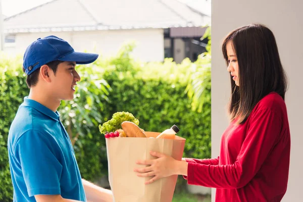 Asian Young Delivery Man Uniform Making Grocery Fast Service Giving — Stock Photo, Image