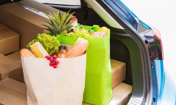 Kruideniersservice Geven Van Verse Groenten Fruit Voedsel Groene Doek Zak — Stockfoto