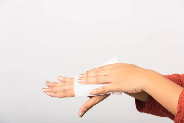 Close Hand Van Aziatische Vrouw Met Behulp Van Natte Tissue — Stockfoto