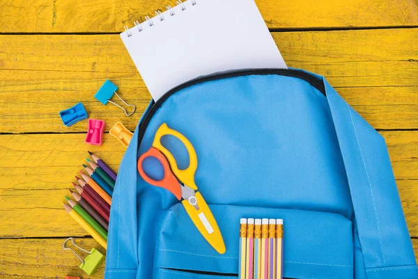 Top View Flat Lay Blue School Bag Backpack Accessories Tools — Φωτογραφία Αρχείου