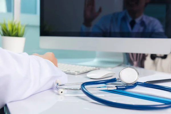 Medicine Doctor Working Desk Closeup Stethoscope Hand Man Physician Video Stock Image