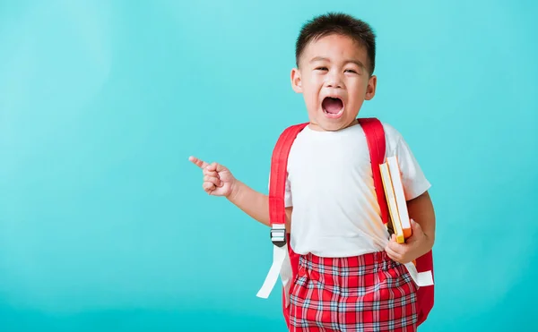 Volta Conceito Escola Retrato Asiático Feliz Engraçado Bonito Criança Menino — Fotografia de Stock