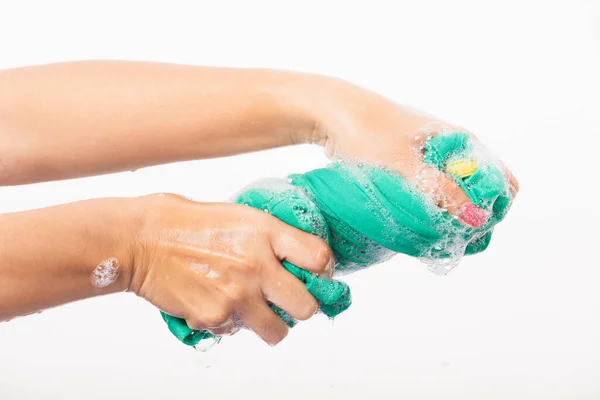 Fechar Jovem Mulher Asiática Usar Mãos Lavar Roupas Cor Feminino — Fotografia de Stock