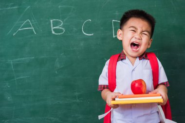 Okula geri dön. Anaokulundan, okul çantasıyla elinde kırmızı elmayla yeşil okul tahtasına gülümseyen, okul eğitimine ilk kez katılan mutlu Asyalı komik, sevimli çocuk.