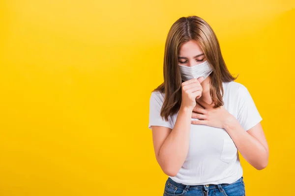 Aziatisch Portret Mooi Schattig Jong Vrouw Staande Slijtage Shirt Hoest — Stockfoto