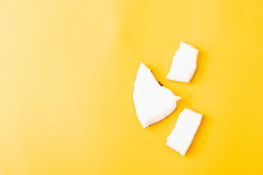 Mutlu hindistan cevizi günü konsepti, taze hindistan cevizi grubu parçaları, sarı arka planda izole edilmiş stüdyo fotoğrafları.