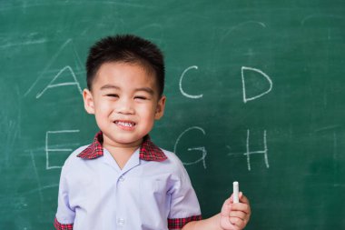 Okula geri dön. Mutlu Asyalı şirin çocuk anaokulu gülüşü öğrenci üniformasıyla ABC 'yi yeşil okul tahtasıyla yazdıktan sonra beyaz tebeşir tutarak ilk kez okul eğitimine başlıyor.