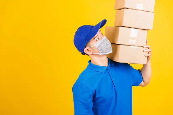 Asian Young Delivery Worker Man Blue Shirt Cap Uniform Wearing — Stock Photo, Image
