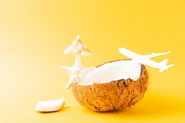 Happy Coconuts Day Konzept Frische Kokosnuss Seesterne Flugzeug Flugzeug Und — Stockfoto