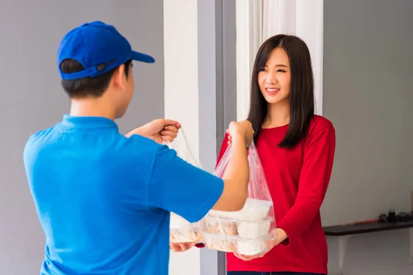 Asian Young Delivery Man Blue Uniform Making Grocery Service Giving — Stock Photo, Image