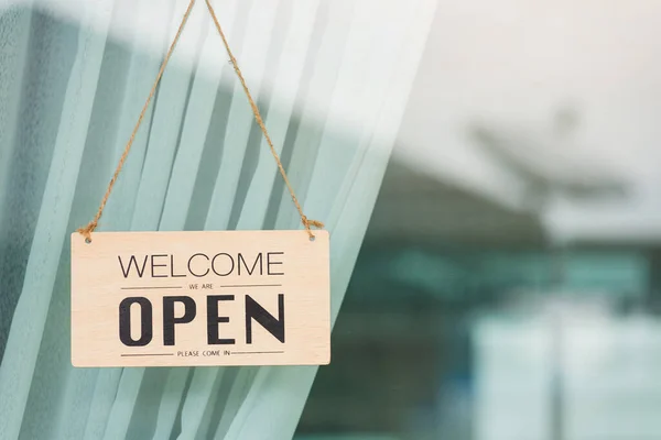 Close Welcome Open Please Come Notice Sign Wood Board Label — Stock fotografie