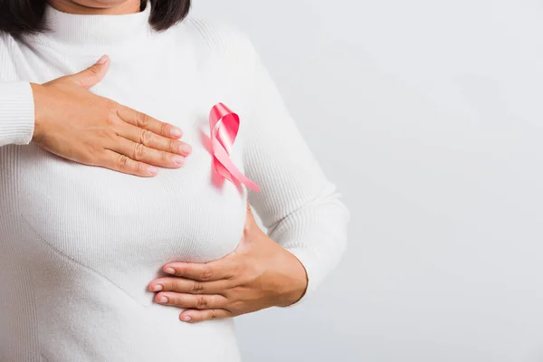 Consciência Câncer Mama Conceito Saúde Medicina Fechar Asiático Mulher Desgaste — Fotografia de Stock