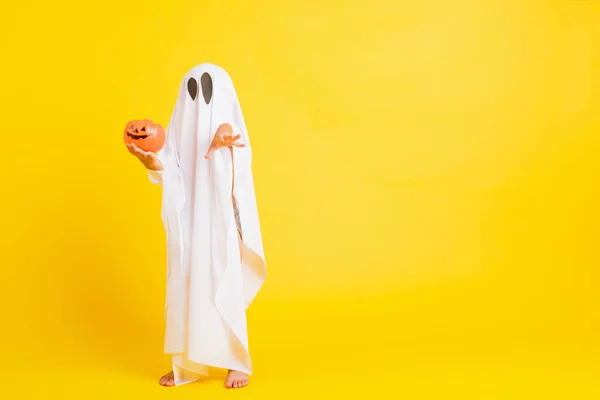 Grappig Halloween Kid Concept Klein Schattig Kind Met Wit Geklede — Stockfoto