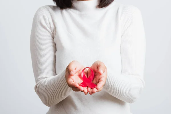 Brustkrebs Bewusstsein Gesundheitsfürsorge Und Medizinkonzept Nahaufnahme Asiatische Frau Mit Rosa — Stockfoto