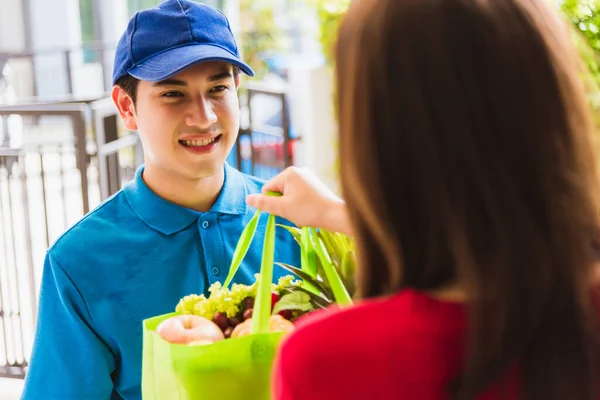 Asian Young Delivery Man Uniform Making Grocery Service Giving Fresh — Stock Photo, Image