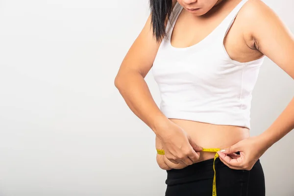 Asiático Mãe Mulher Uso Seção Pós Parto Cicatriz Medição Cintura — Fotografia de Stock