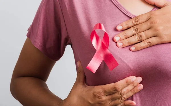 Consciência Câncer Mama Conceito Saúde Medicina Close Mulher Asiática Usar — Fotografia de Stock