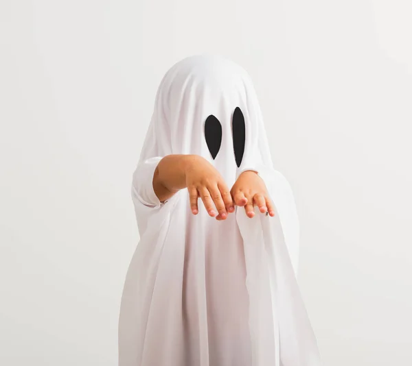 Grappig Halloween Kid Concept Klein Schattig Kind Met Wit Geklede — Stockfoto