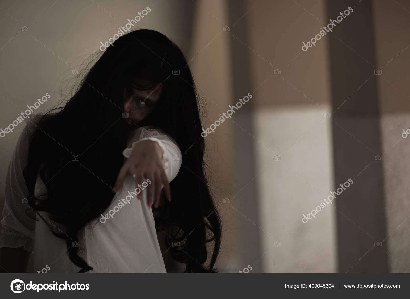 Portrait Of A Scared Girl With Blood On Her Face Looking At Camera