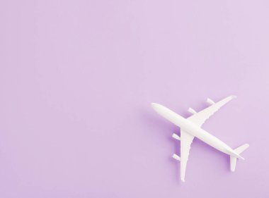 Dünya Turizm Günü, en az oyuncak model uçak, uçak, stüdyo çekimleri. Mor bir arka planda izole edilmiş, aksesuar uçuş tatil konsepti.