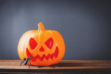 Komik Cadılar Bayramı dekorasyon partisi, Cadılar Bayramı balkabağı kafası yakın plan Jack o fener gülüşü korkutucu ve örümcekler ahşap ve fotokopi alanı, izole edilmiş gri arka plan, Mutlu bayramlar konsepti