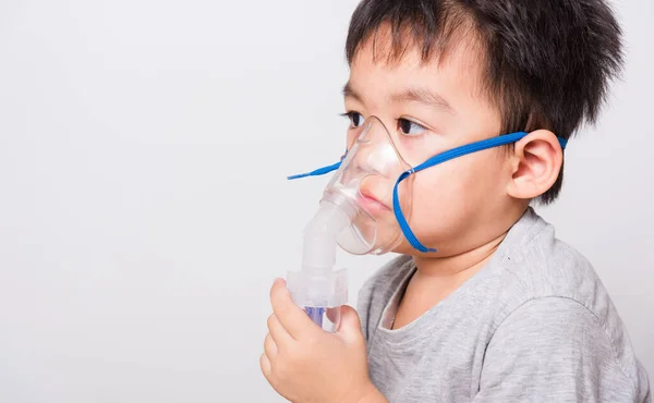 Closeup Asian Face Little Children Boy Sick Using Steam Inhaler — Stock Photo, Image