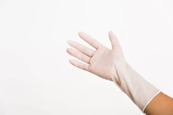 Kobieta Nosząca Kładąca Rękę Białym Gumowym Lateksie Chirurgiczna Rękawica Medyczna — Zdjęcie stockowe