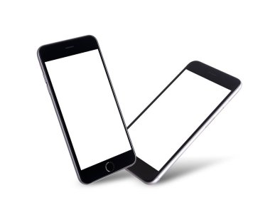 Siyah modern akıllı telefon modeli. Mobil akıllı telefon teknolojisi öndeki boş ekran stüdyo görüntüsü beyaz arkaplan üzerinde izole edilmiş telefon ve ekran maskesi yolu ile