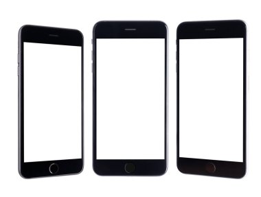 Siyah modern akıllı telefon modeli. Mobil akıllı telefon teknolojisi öndeki boş ekran stüdyo görüntüsü beyaz arkaplan üzerinde izole edilmiş telefon ve ekran maskesi yolu ile