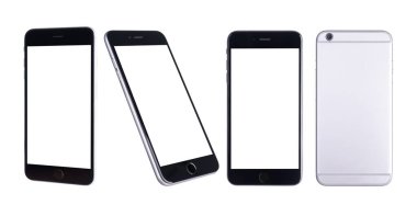 Siyah modern akıllı telefon modeli ön ve arka. Mobil akıllı telefon teknolojisi boş ekran stüdyo görüntüsü beyaz arkaplan üzerinde izole edilmiş telefon ve ekran maske yolu ile