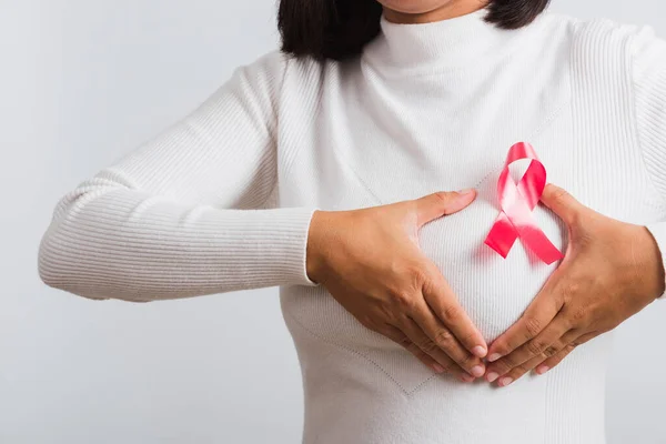 Consciência Câncer Mama Conceito Saúde Medicina Fechar Asiático Mulher Desgaste — Fotografia de Stock