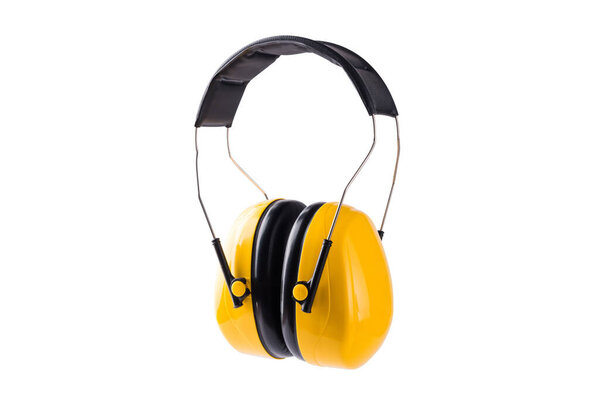 Yellow working protective headphones Ear muffs prevent loud noise from working construction equipment safety, studio shot isolated on over white background