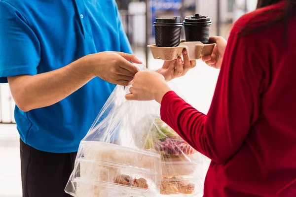 Asian Young Delivery Man Blue Uniform Making Grocery Service Giving — Stock Photo, Image