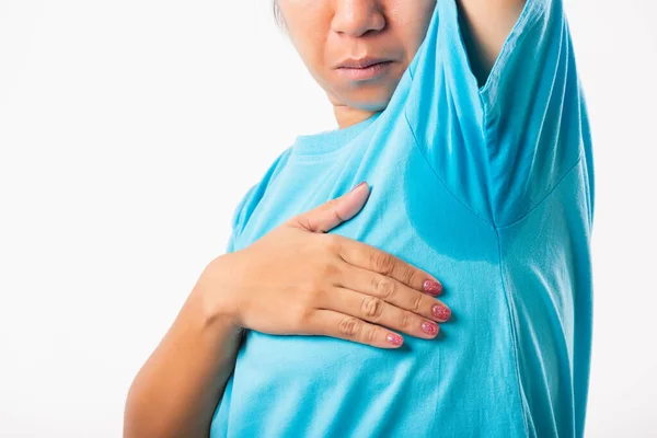 Close Jovem Asiático Jovem Hiperidrose Sudorese Feminino Muito Mal Tem — Fotografia de Stock