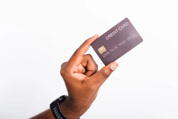 Zbliżenie Strony Czarny Człowiek Trzymając Bank Makieta Pieniądze Karta Kredytowa — Zdjęcie stockowe
