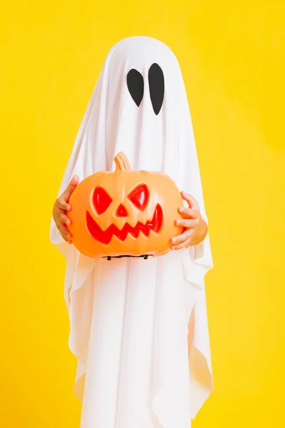 Zabawna Koncepcja Halloween Kid Małe Słodkie Dziecko Białym Kostiumem Halloween — Zdjęcie stockowe