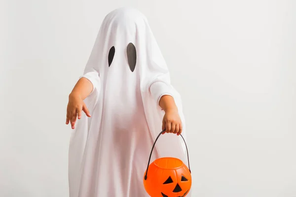 Funny Halloween Kid Concept Little Cute Child White Dressed Costume — Stock Photo, Image