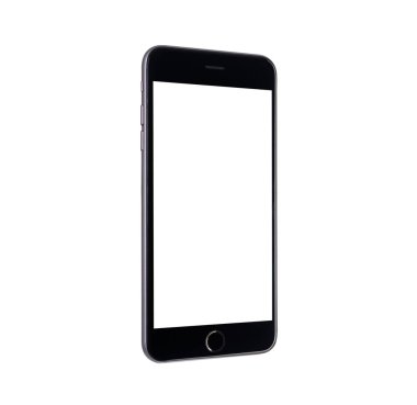 Siyah modern akıllı telefon modeli. Mobil akıllı telefon teknolojisi öndeki boş ekran stüdyo görüntüsü beyaz arkaplan üzerinde izole edilmiş telefon ve ekran maskesi yolu ile
