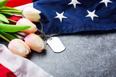 Amerika Birleşik Devletleri bayrağı ve zincirleme künyesi ve lale çiçeği, askeri sembolize, beton tahta arka planda stüdyo çekimi, Amerikan Gazileri veya Bağımsızlık Günü konsepti