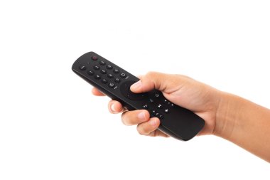 El ele tutuşan televizyon ve uzaktan kumanda paneli, beyaz arkaplanda izole edilmiş stüdyo görüntüleri, televizyon duvarı yayın konsepti