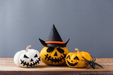 Komik Cadılar Bayramı dekorasyon partisi, Cadılar Bayramı balkabağı kafası yakın plan Jack o fener gülüşü korkutucu ve örümcekler ahşap ve fotokopi alanı, izole edilmiş gri arka plan, Mutlu bayramlar konsepti