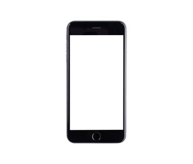 Siyah modern akıllı telefon modeli. Mobil akıllı telefon teknolojisi öndeki boş ekran stüdyo görüntüsü beyaz arkaplan üzerinde izole edilmiş telefon ve ekran maskesi yolu ile