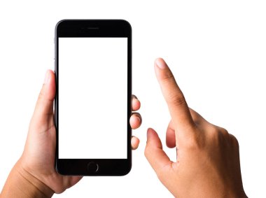 Kadın el ele tutuşuyor, akıllı telefon boş beyaz ekran. Modern cep telefonu stüdyosundaki kadın dokunuşu beyaz arka planda izole edilmiş telefon ve ekranda kırpma maskesi yolu ile görüntülendi