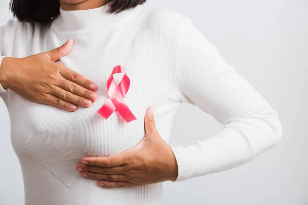 Consciência Câncer Mama Conceito Saúde Medicina Fechar Asiático Mulher Desgaste — Fotografia de Stock