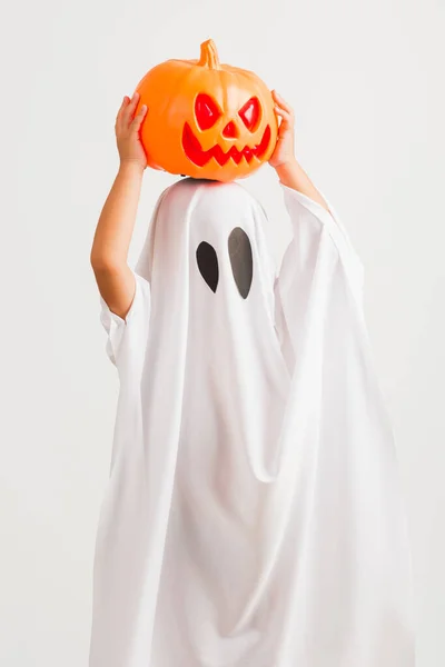 Funny Halloween Kid Concept Little Cute Child White Dressed Costume — Stock Photo, Image