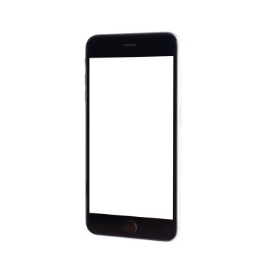 Siyah modern akıllı telefon modeli. Mobil akıllı telefon teknolojisi öndeki boş ekran stüdyo görüntüsü beyaz arkaplan üzerinde izole edilmiş telefon ve ekran maskesi yolu ile