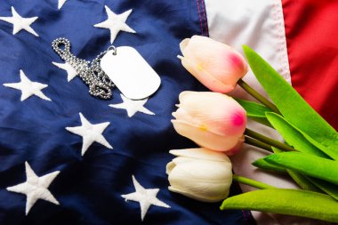 Amerika Birleşik Devletleri bayrağı ve lale çiçeği, kahramanın anısına ve teşekkürler, fotokopi çekilen stüdyo, ABD tatil gazileri veya Bağımsızlık Günü konsepti
