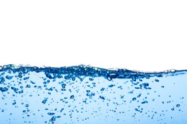 Sıvı üzerinde soyut temiz akış dalgalanma yüzeyi. Hava kabarcıklı açık mavi su dalgası ve biraz da su altı, beyaz arka planda izole edilmiş stüdyo çekimi.